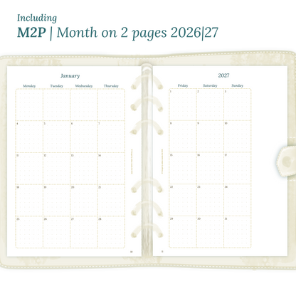 Open planner showing details of the PDF printable inserts module M2P month on 2 pages for 2026 and 2027 inside this Bundle.