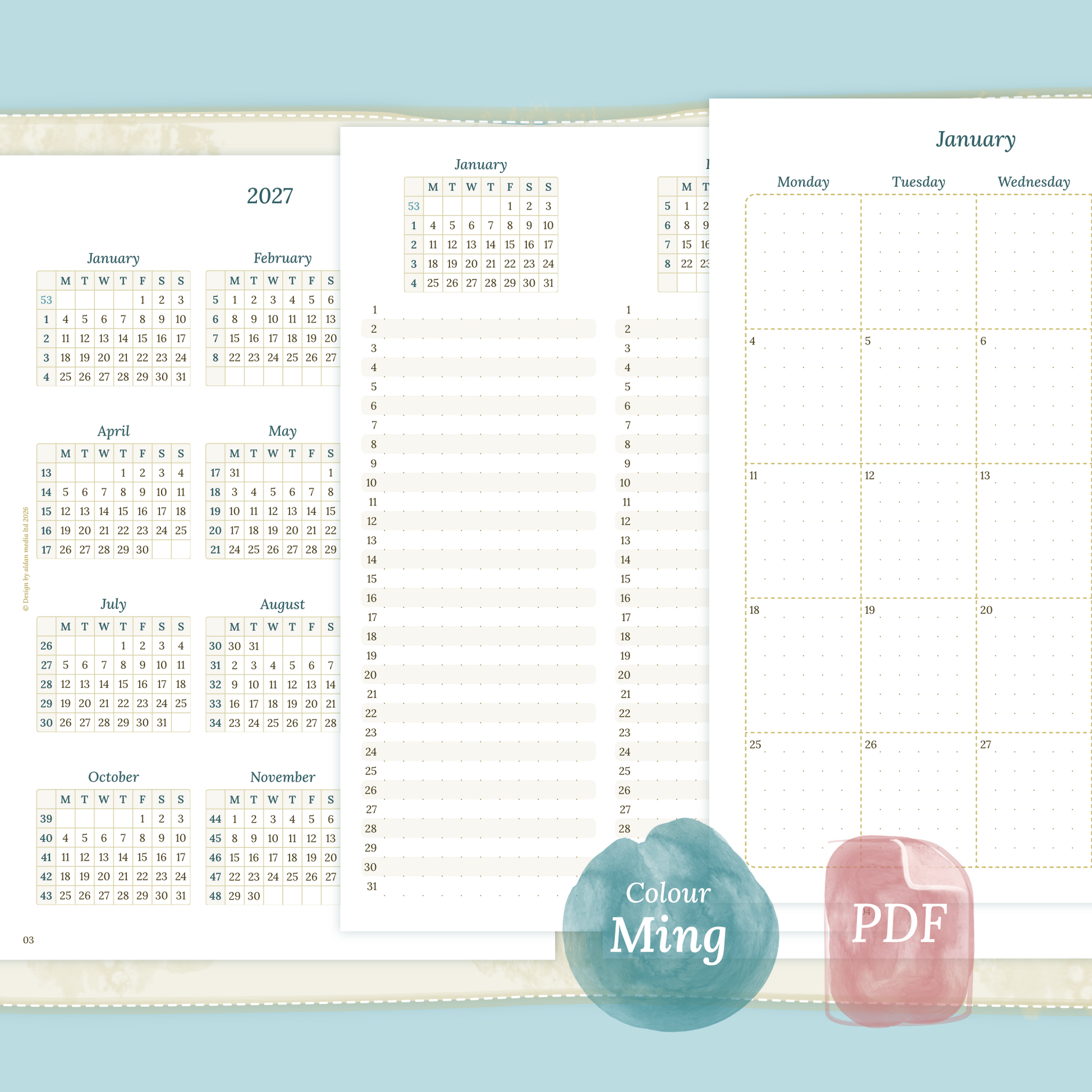 Examples featuring the different printable planner inserts modules of this Bundle for 2026 and 2027 in the colour Ming.