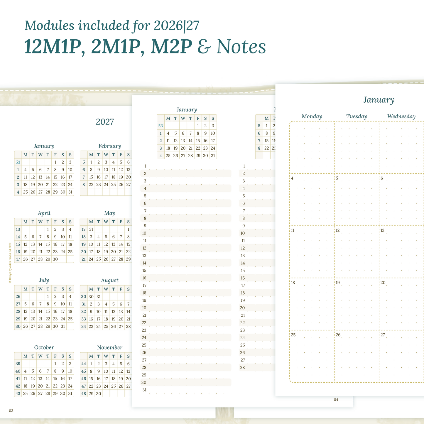 Calendar PDF printable inserts modules of this Bundle for the years 2026 and 2027 with various formats featuring 12M1P 12 month on 1 page, 2M1P future log 2 months on 1 page, M2P month on 2 pages and a Notes.