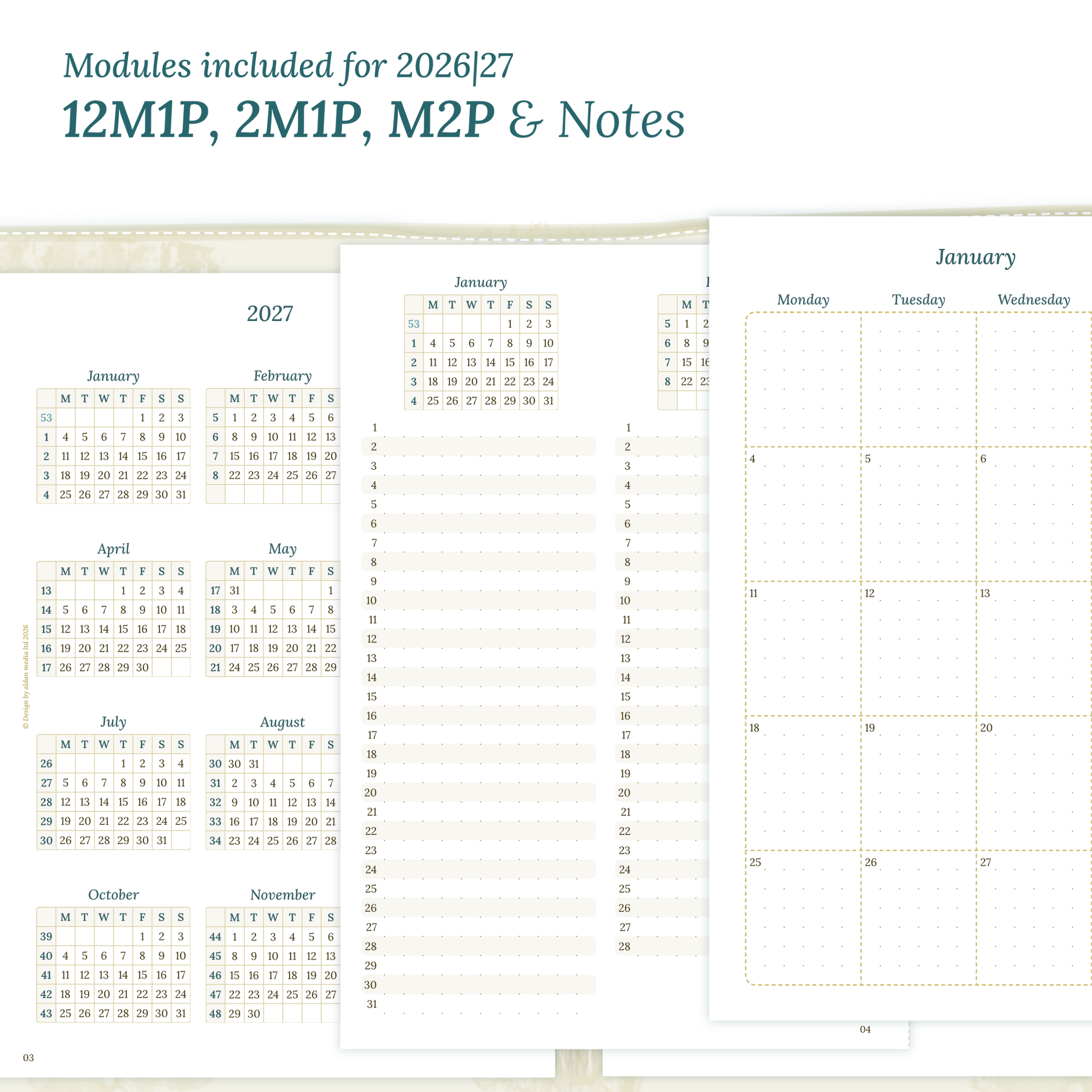 Calendar PDF printable inserts modules of this Bundle for the years 2026 and 2027 with various formats featuring 12M1P 12 month on 1 page, 2M1P future log 2 months on 1 page, M2P month on 2 pages and a Notes.