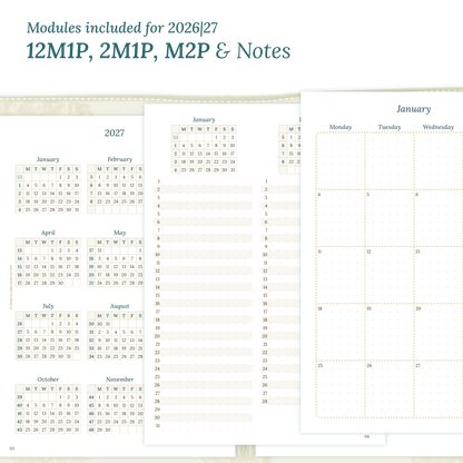 Calendar PDF printable inserts modules of this Bundle for the years 2026 and 2027 with various formats featuring 12M1P 12 month on 1 page, 2M1P future log 2 months on 1 page, M2P month on 2 pages and a Notes.
