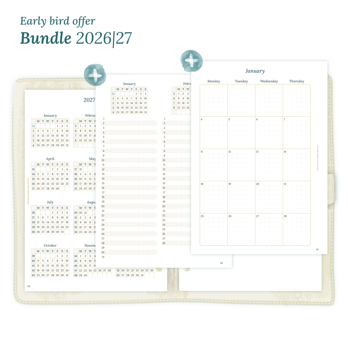 Printable PDF calendar planner Bundle for 2026 and 2027 for A5 size 6 ring binder planner