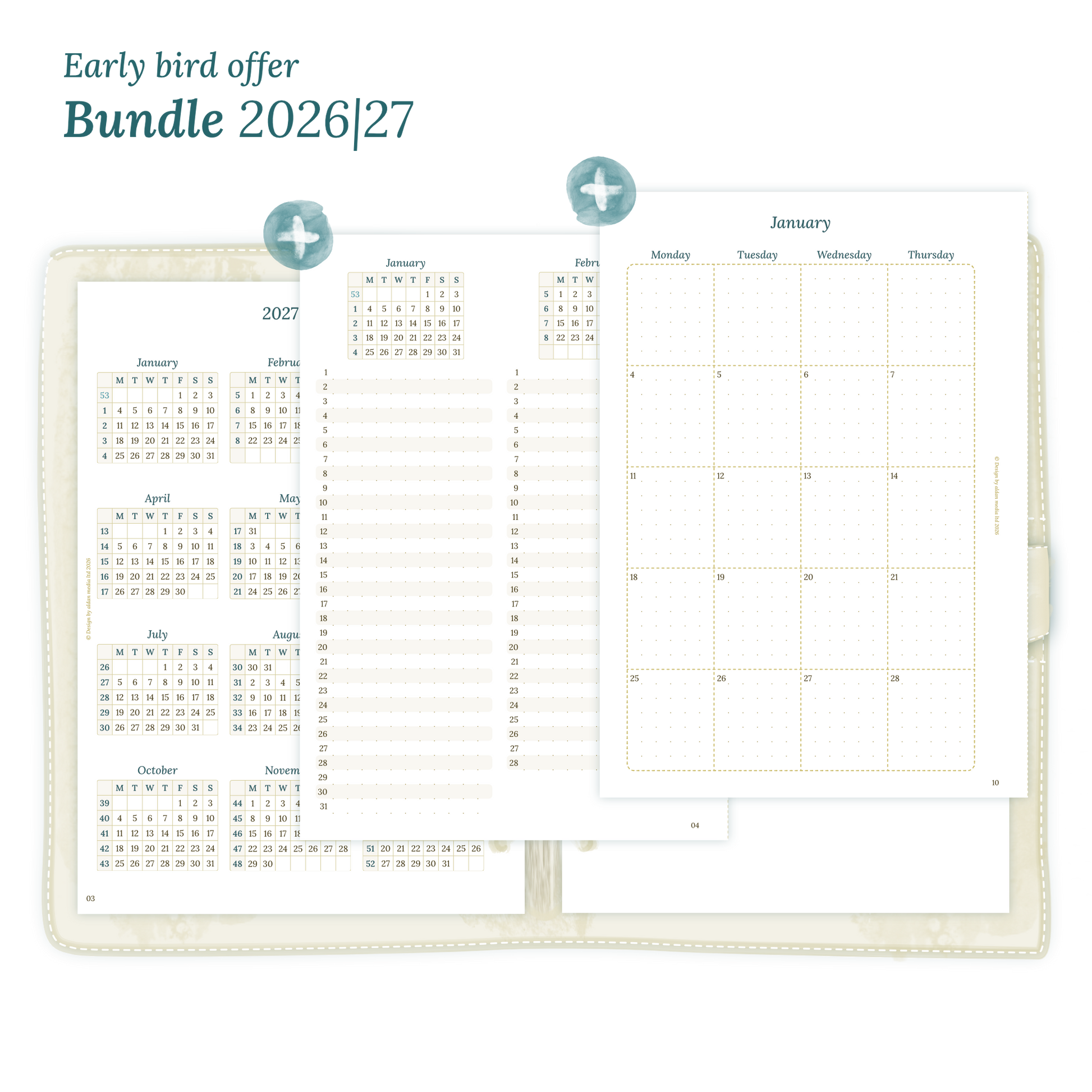 Printable PDF calendar planner Bundle for 2026 and 2027 for A5 size 6 ring binder planner