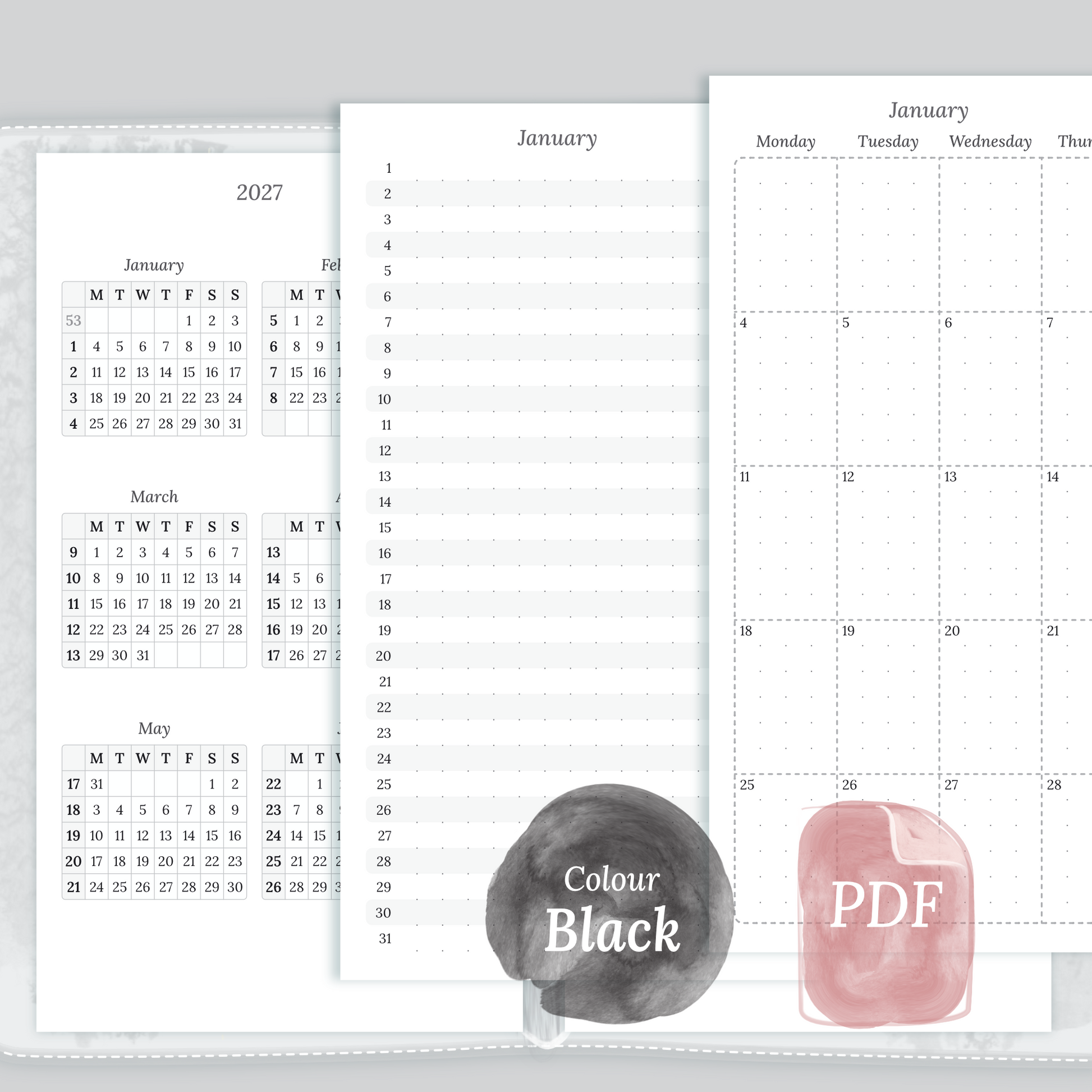Examples featuring the different PDF printable planner inserts modules of this Bundle for 2026 and 2027 in the colour Black & White featuring 12M2P 12 month on 2 pages, M1P future log month on 1 page, M2P month on 2 pages and a Notes.