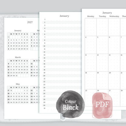 Examples featuring the different PDF printable planner inserts modules of this Bundle for 2026 and 2027 in the colour Black & White featuring 12M2P 12 month on 2 pages, M1P future log month on 1 page, M2P month on 2 pages and a Notes.