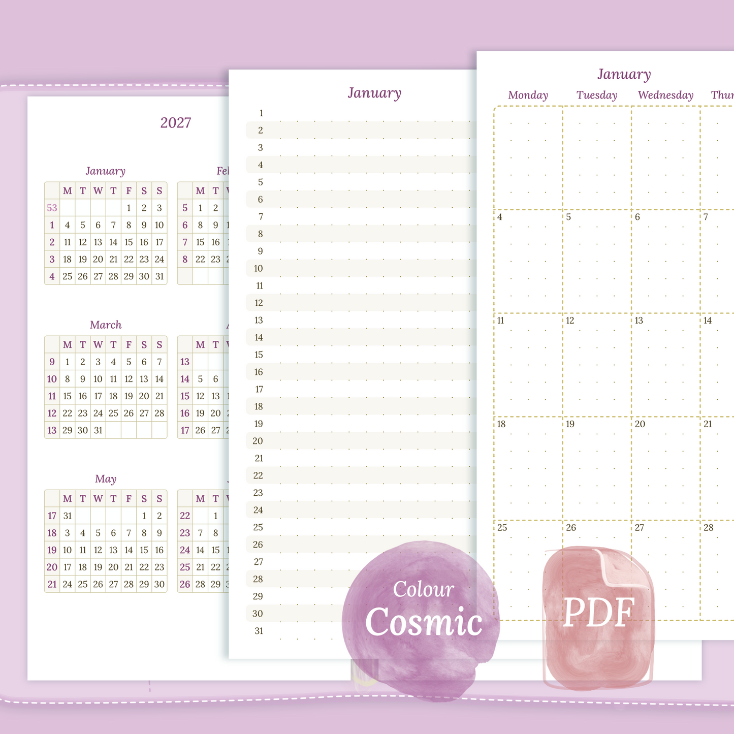 Examples featuring the different PDF printable planner inserts modules of this Bundle for 2026 and 2027 in the colour Cosmic/Raspberry featuring 12M2P 12 month on 2 pages, M1P future log month on 1 page, M2P month on 2 pages and a Notes.