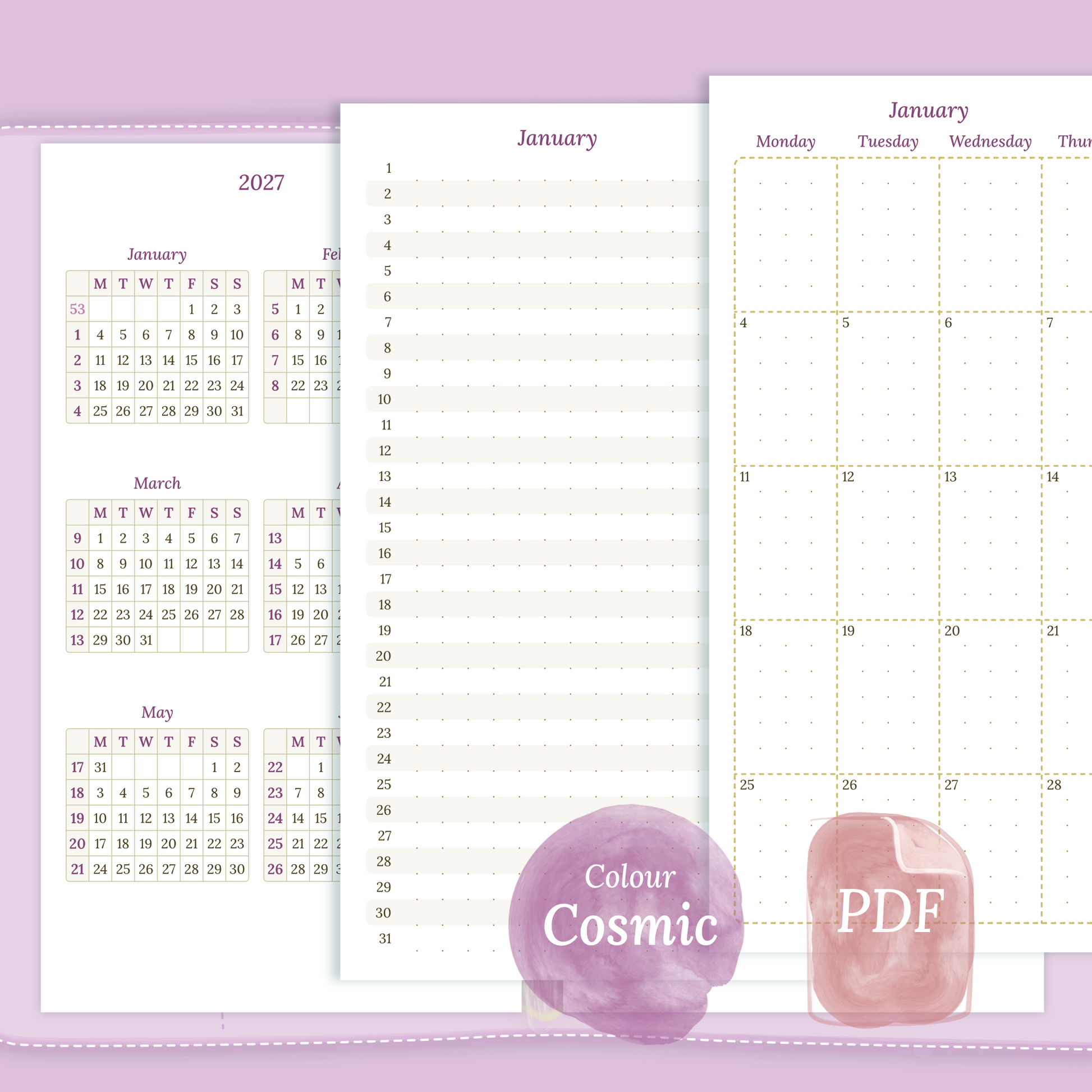 Examples featuring the different PDF printable planner inserts modules of this Bundle for 2026 and 2027 in the colour Cosmic/Raspberry featuring 12M2P 12 month on 2 pages, M1P future log month on 1 page, M2P month on 2 pages and a Notes.