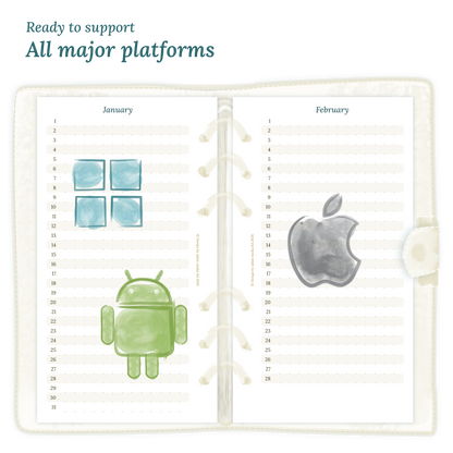 Open planner calendar insert with Windows, Android and Apple logos on a white background to show what operating systems are supported by our PDF printables for Personal for 6 ring binder planner.