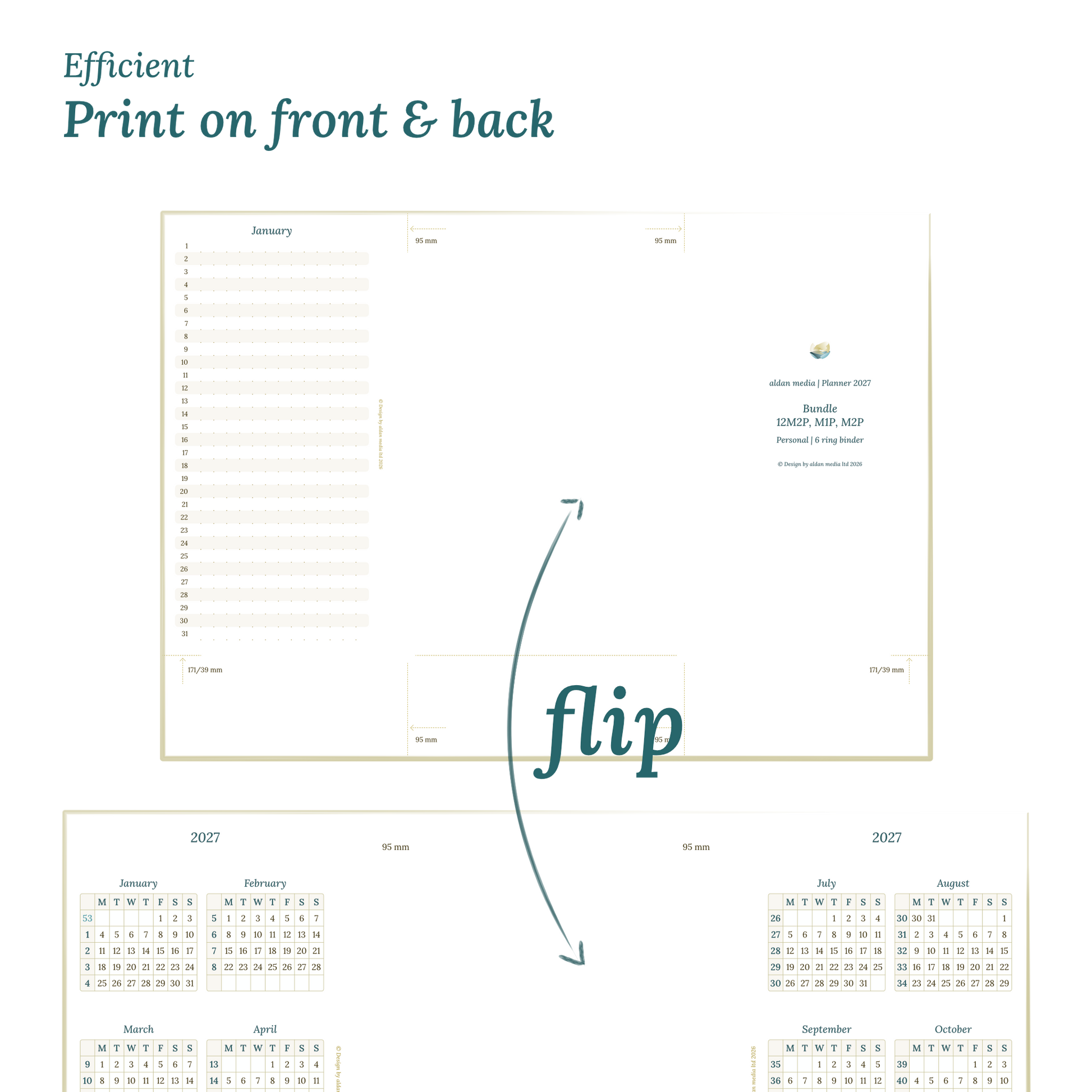 Printable PDF calendar design with a title and text indicating efficient printing on front and back of the A4 page for Personal for 6 ring binder planner.