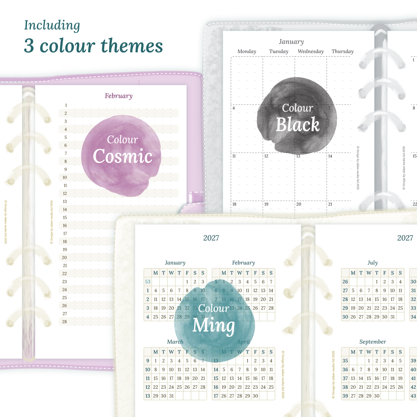 Three colour variants of the calendar designs of the PDF printable inserts with colour themes 'Cosmic', 'Black', and 'Ming' displayed to show how the different modules of this Bundle look like for Personal size 6 ring binder planner.