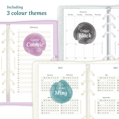 Three colour variants of the calendar designs of the PDF printable inserts with colour themes 'Cosmic', 'Black', and 'Ming' displayed to show how the different modules of this Bundle look like for Personal size 6 ring binder planner.