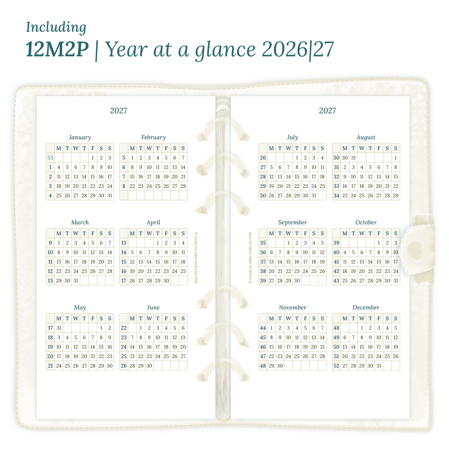 Open planner showing details of the PDF printable inserts module 12M1P 12 months on 1 page for 2026 & 2027 inside this Bundle for Personal size 6 ring binder planner.