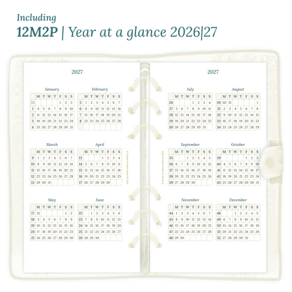 Open planner showing details of the PDF printable inserts module 12M1P 12 months on 1 page for 2026 & 2027 inside this Bundle for Personal size 6 ring binder planner.