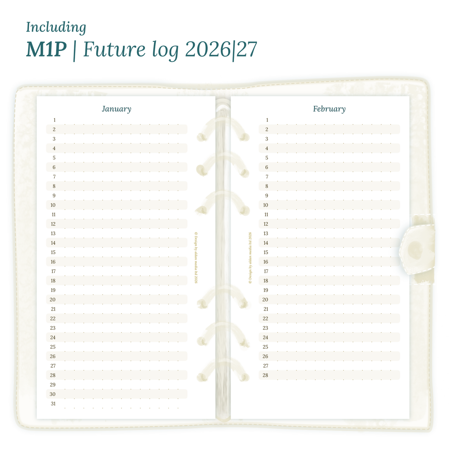 Open planner showing details of the PDF printable inserts module M1P future log months on 1 page for 2026 & 2027 inside this Bundle for Personal size 6 ring binder planner.