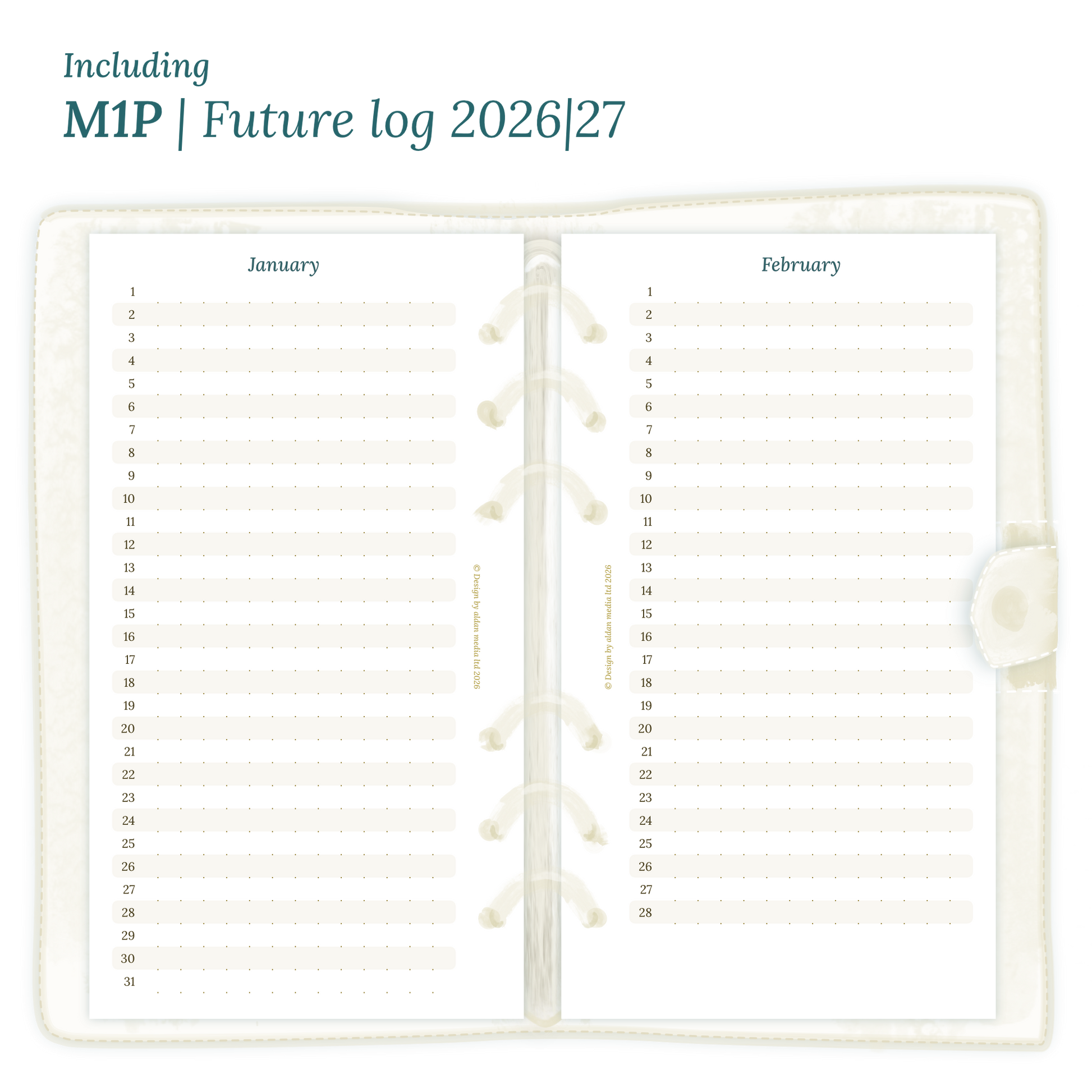 Open planner showing details of the PDF printable inserts module M1P future log months on 1 page for 2026 & 2027 inside this Bundle for Personal size 6 ring binder planner.