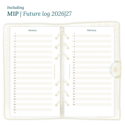 Open planner showing details of the PDF printable inserts module M1P future log months on 1 page for 2026 & 2027 inside this Bundle for Personal size 6 ring binder planner.