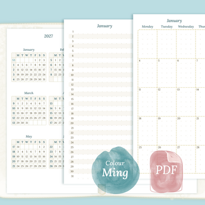 Examples featuring the different PDF printable planner inserts modules of this Bundle for 2026 and 2027 in the colour Ming/Blue featuring 12M2P 12 month on 2 pages, M1P future log month on 1 page, M2P month on 2 pages and a Notes.