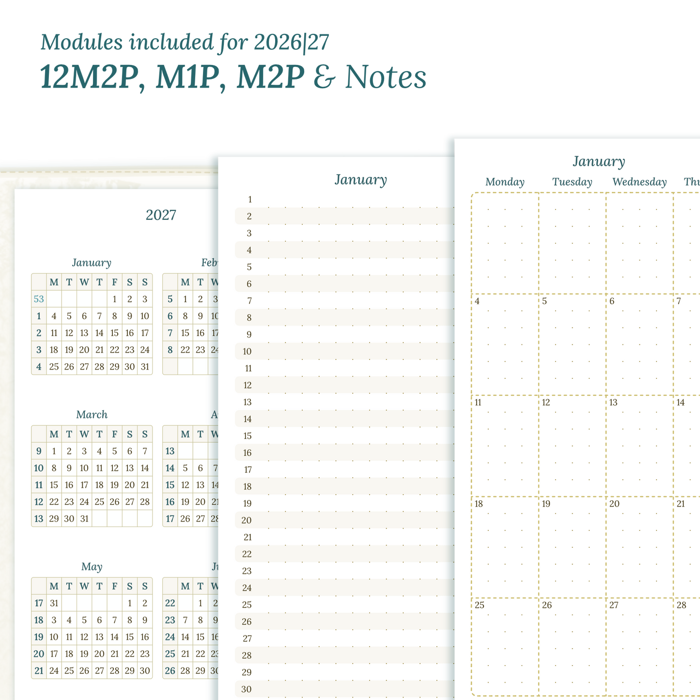 Calendar PDF printable inserts modules of this Bundle for the years 2026 and 2027 with various formats featuring 12M2P 12 month on 2 pages, M1P future log month on 1 page, M2P month on 2 pages and a Notes.