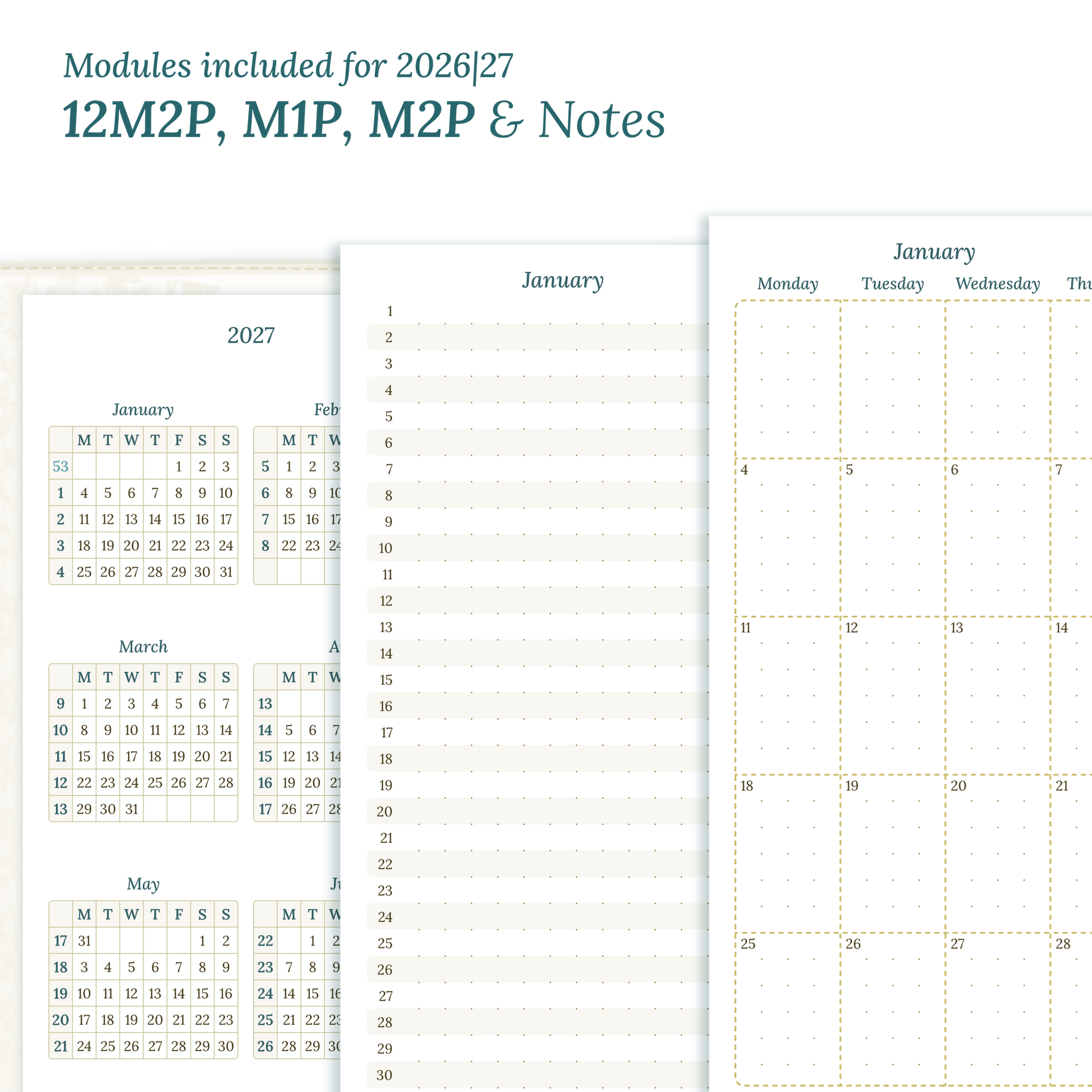 Calendar PDF printable inserts modules of this Bundle for the years 2026 and 2027 with various formats featuring 12M2P 12 month on 2 pages, M1P future log month on 1 page, M2P month on 2 pages and a Notes.