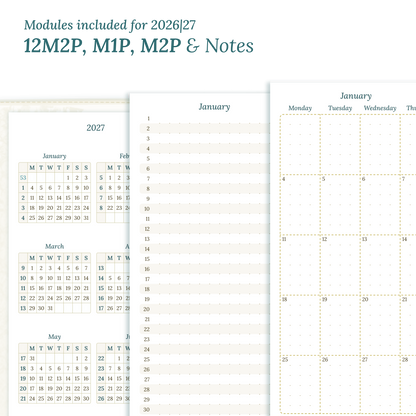 Calendar PDF printable inserts modules of this Bundle for the years 2026 and 2027 with various formats featuring 12M2P 12 month on 2 pages, M1P future log month on 1 page, M2P month on 2 pages and a Notes.