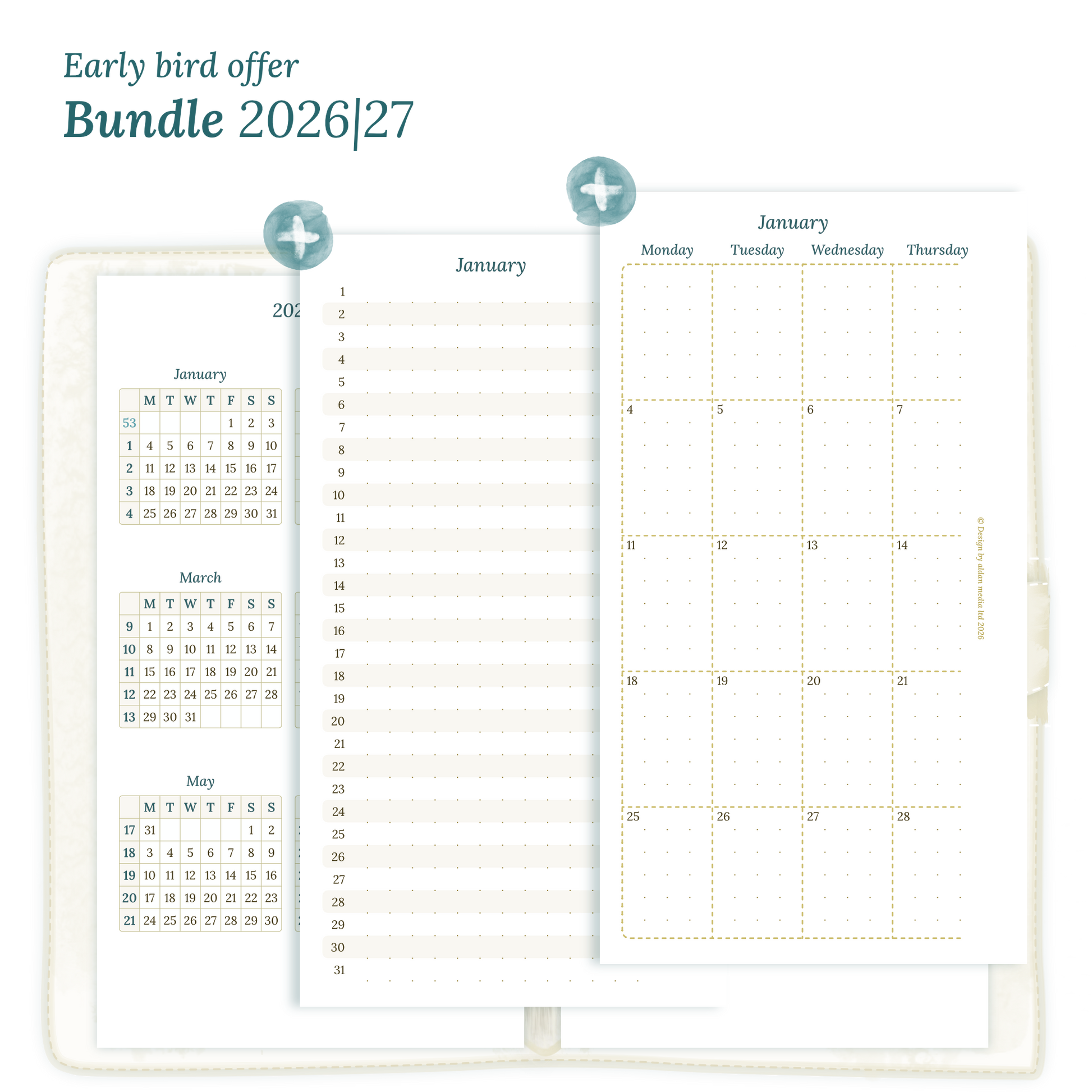 Printable PDF calendar planner Bundle for 2026 and 2027 for Personal size 6 ring binder planner featuring 12M2P 12 month on 2 pages, M1P future log month on 1 page, M2P month on 2 pages and a Notes.