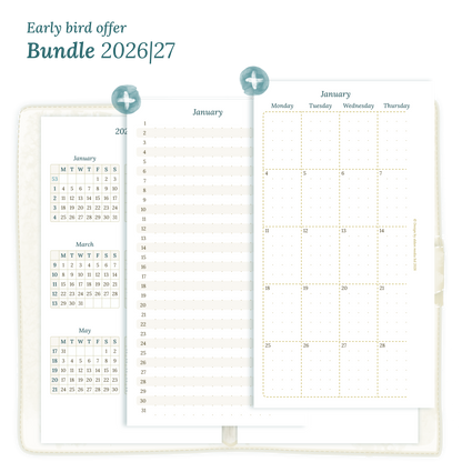 Printable PDF calendar planner Bundle for 2026 and 2027 for Personal size 6 ring binder planner featuring 12M2P 12 month on 2 pages, M1P future log month on 1 page, M2P month on 2 pages and a Notes.