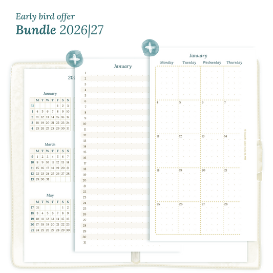 Printable PDF calendar planner Bundle for 2026 and 2027 for Personal size 6 ring binder planner featuring 12M2P 12 month on 2 pages, M1P future log month on 1 page, M2P month on 2 pages and a Notes.