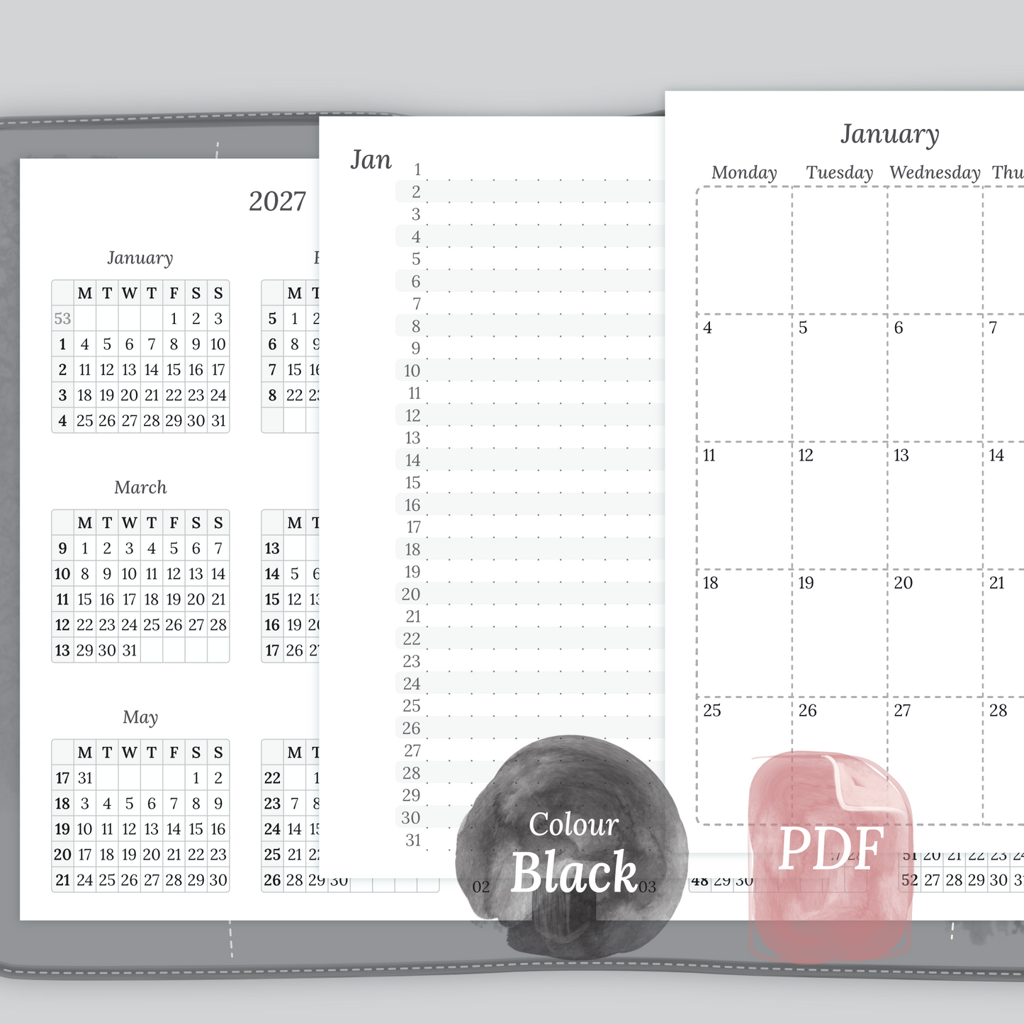 Examples featuring the different PDF printable planner inserts modules of this Bundle for 2026 and 2027 in the colour Black & White featuring 12M2P 12 month on 2 pages, M1P future log month on 1 page, M2P month on 2 pages and a Notes.