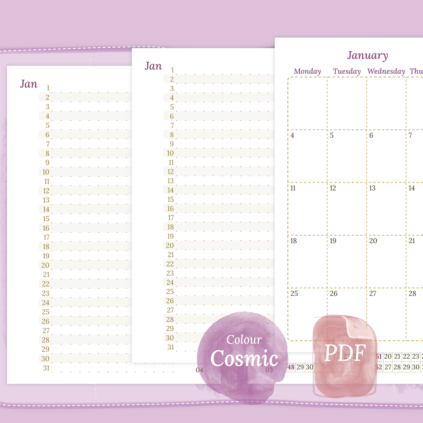 Examples featuring the different PDF printable planner inserts modules of this Bundle for 2026 and 2027 in the colour Cosmic/Raspberry featuring 12M2P 12 month on 2 pages, M1P future log month on 1 page, M2P month on 2 pages and a Notes.