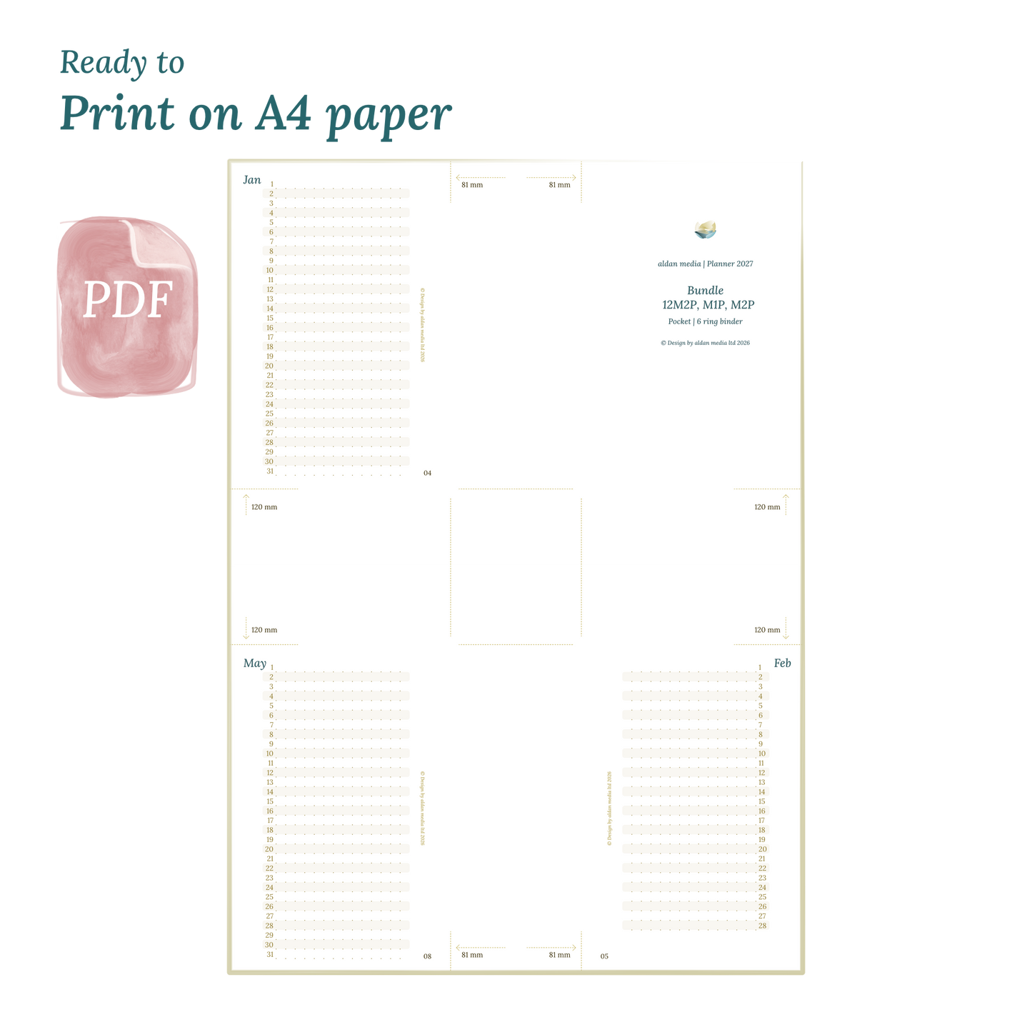 Printable PDF calendar planner with title design on A4 paper that illustrates that our products are ready to print for Pocket for 6 ring binder planner.