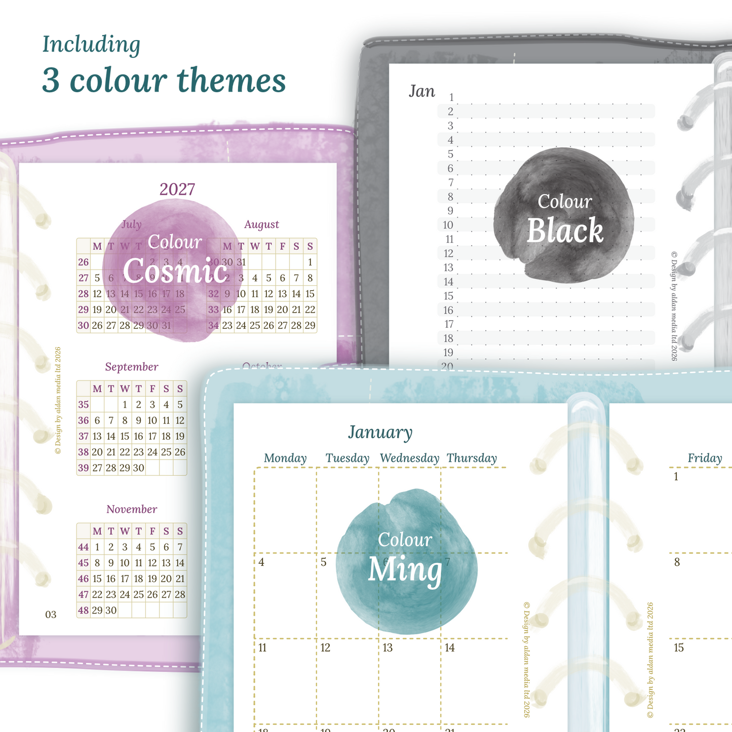Three colour variants of the calendar designs of the PDF printable inserts with colour themes 'Cosmic', 'Black', and 'Ming' displayed to show how the different modules of this Bundle look like for Pocket size 6 ring binder planner.