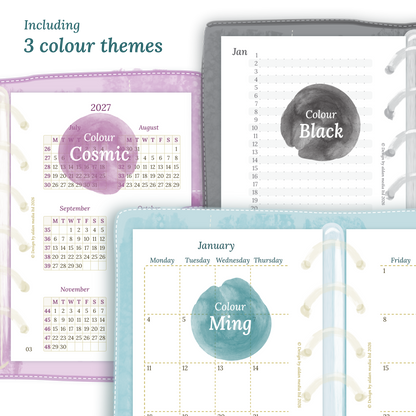Three colour variants of the calendar designs of the PDF printable inserts with colour themes 'Cosmic', 'Black', and 'Ming' displayed to show how the different modules of this Bundle look like for Pocket size 6 ring binder planner.