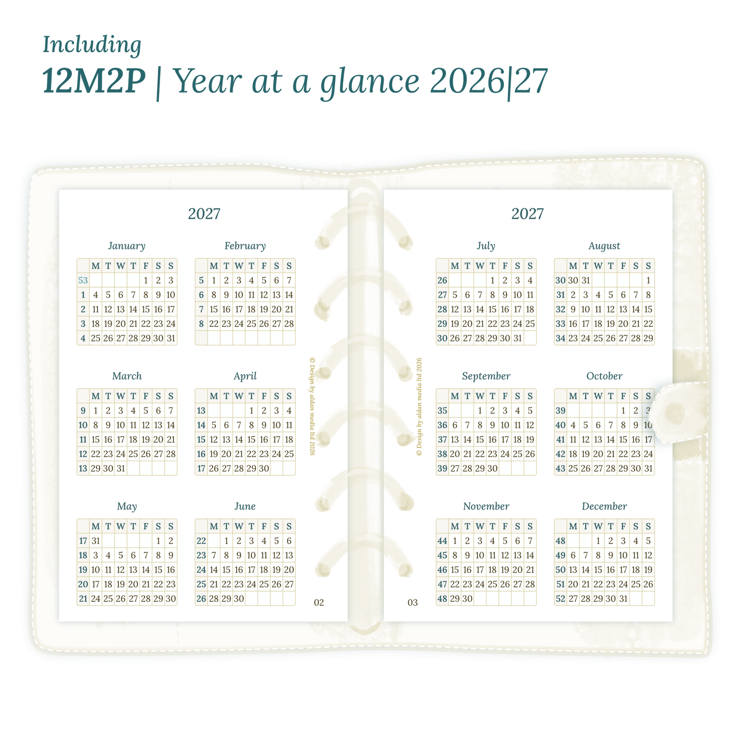 Open planner showing details of the PDF printable inserts module 12M1P 12 months on 1 page for 2026 & 2027 inside this Bundle for Pocket size 6 ring binder planner.