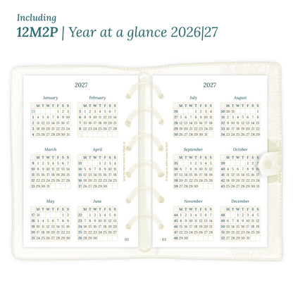 Open planner showing details of the PDF printable inserts module 12M1P 12 months on 1 page for 2026 & 2027 inside this Bundle for Pocket size 6 ring binder planner.