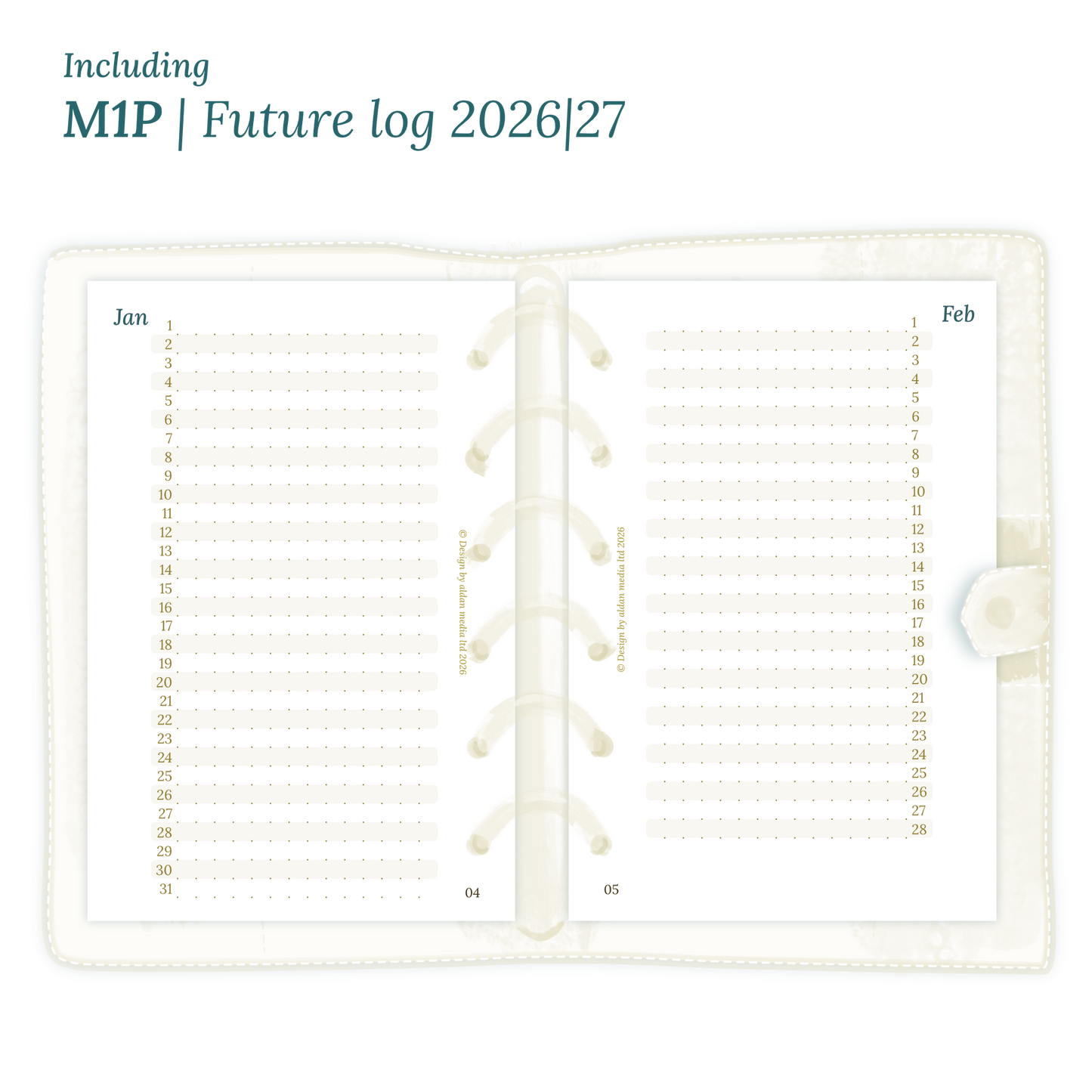 Open planner showing details of the PDF printable inserts module M1P future log months on 1 page for 2026 & 2027 inside this Bundle for Pocket size 6 ring binder planner.