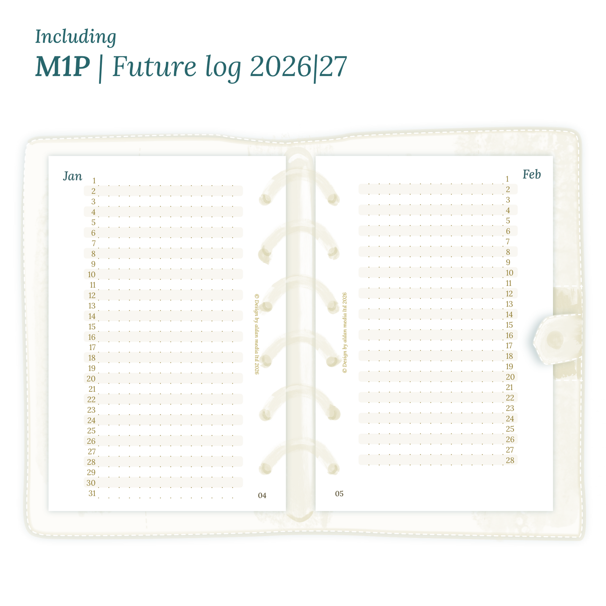 Open planner showing details of the PDF printable inserts module M1P future log months on 1 page for 2026 & 2027 inside this Bundle for Pocket size 6 ring binder planner.