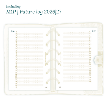 Open planner showing details of the PDF printable inserts module M1P future log months on 1 page for 2026 & 2027 inside this Bundle for Pocket size 6 ring binder planner.