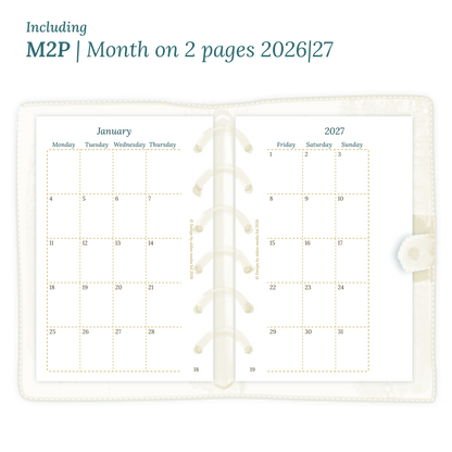 Open planner showing details of the PDF printable inserts module M2P month on 2 pages for 2026 and 2027 inside this Bundle for Pocket size 6 ring binder planner.