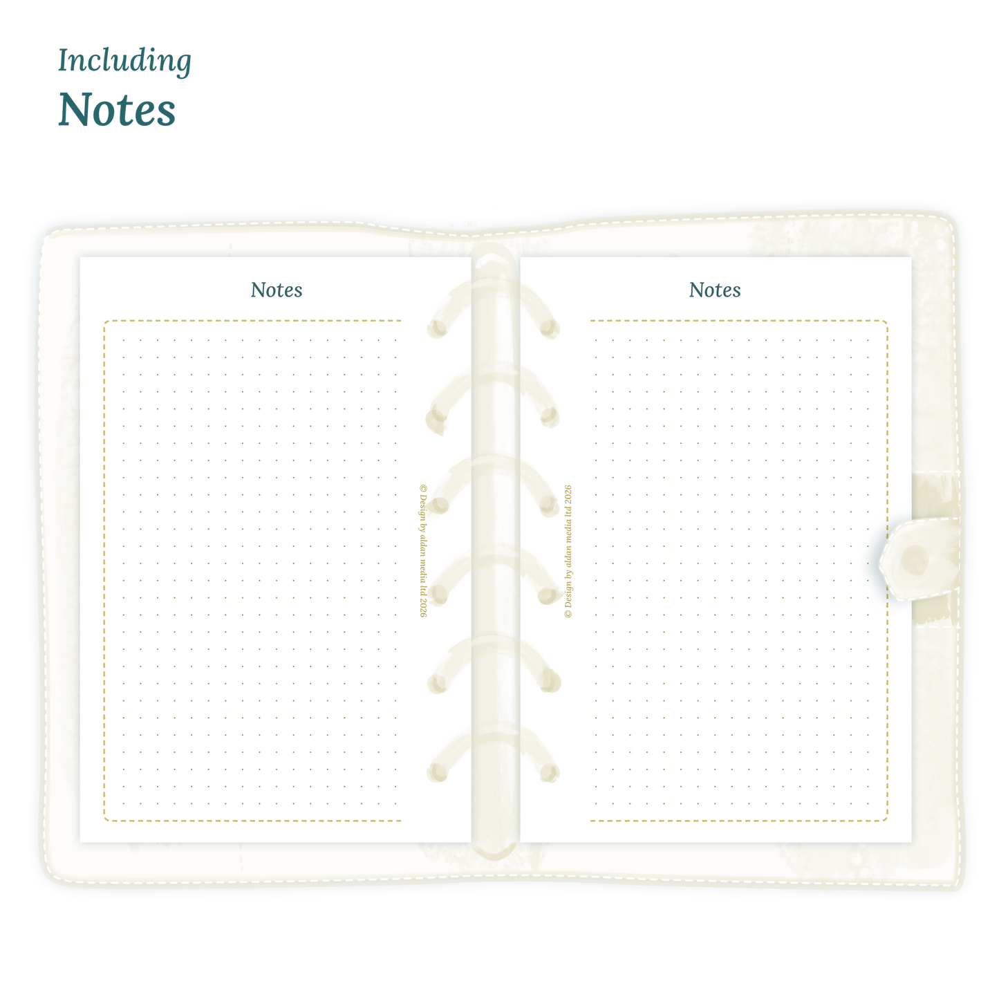 Open planner showing details of the PDF printable planner inserts module Notes for 2027 inside this Bundle for Pocket size 6 ring binder planner.