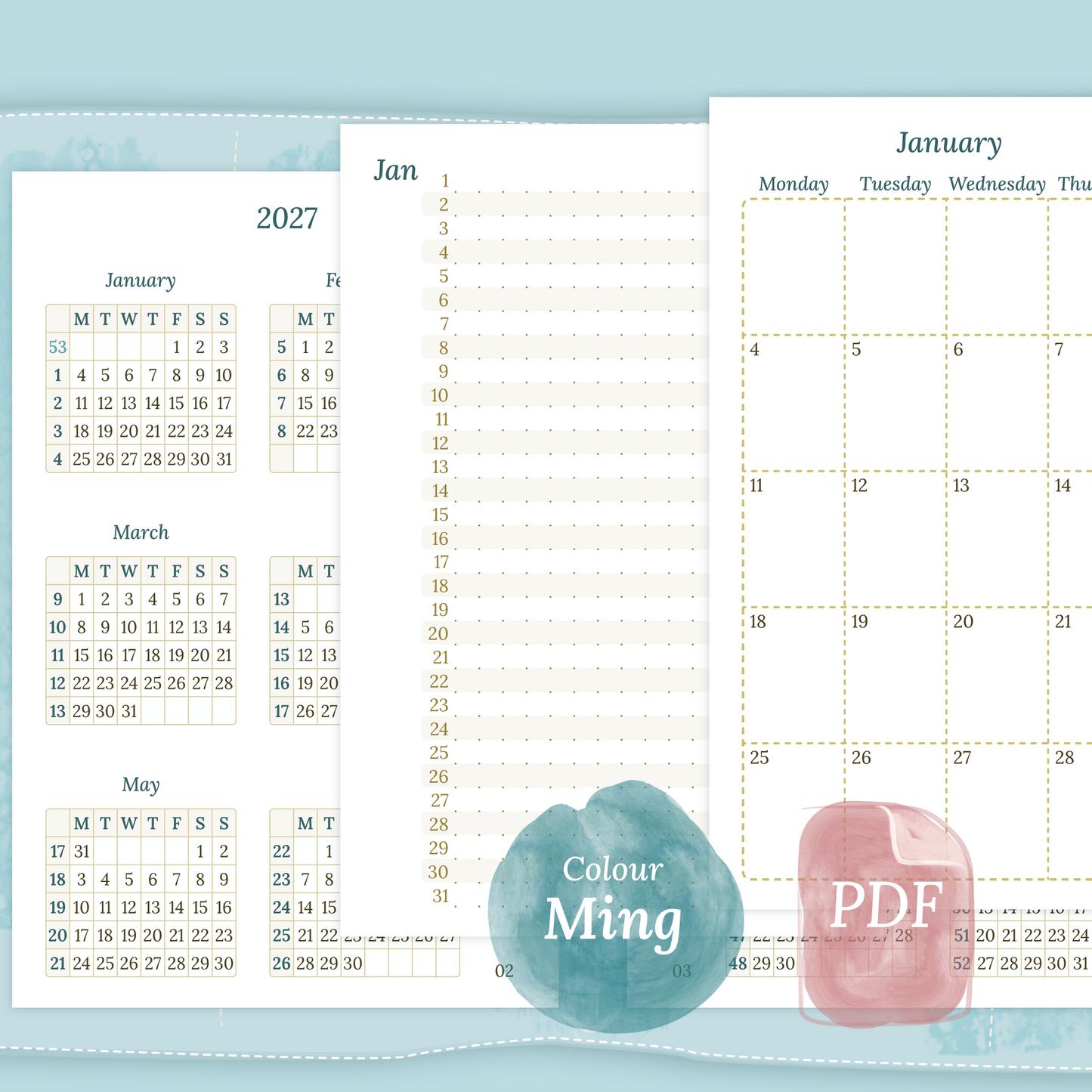 Examples featuring the different PDF printable planner inserts modules of this Bundle for 2026 and 2027 in the colour Ming/Blue featuring 12M2P 12 month on 2 pages, M1P future log month on 1 page, M2P month on 2 pages and a Notes.