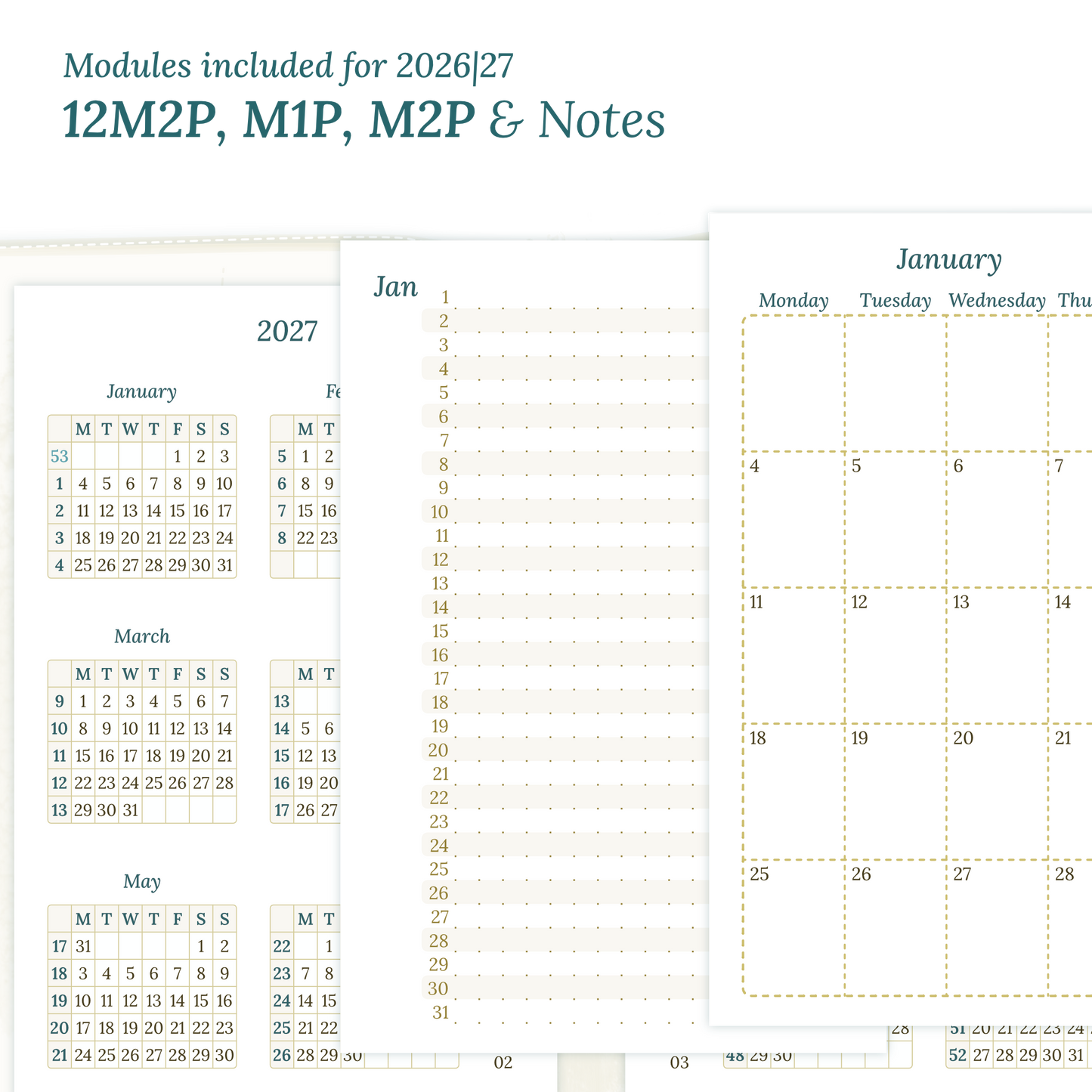 Calendar PDF printable inserts modules of this Bundle for the years 2026 and 2027 with various formats featuring 12M2P 12 month on 2 pages, M1P future log month on 1 page, M2P month on 2 pages and a Notes.