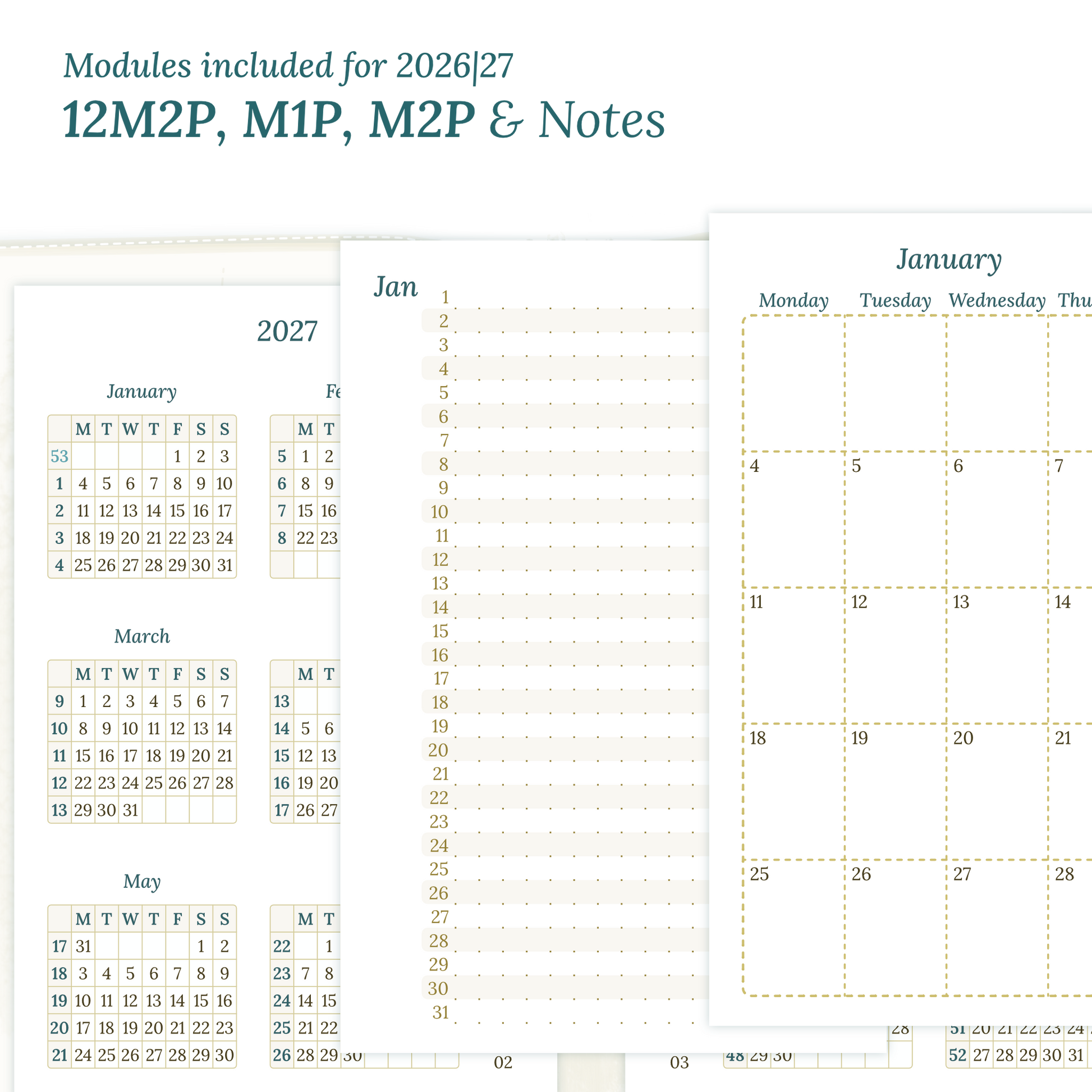 Calendar PDF printable inserts modules of this Bundle for the years 2026 and 2027 with various formats featuring 12M2P 12 month on 2 pages, M1P future log month on 1 page, M2P month on 2 pages and a Notes.