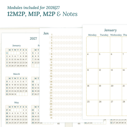 Calendar PDF printable inserts modules of this Bundle for the years 2026 and 2027 with various formats featuring 12M2P 12 month on 2 pages, M1P future log month on 1 page, M2P month on 2 pages and a Notes.