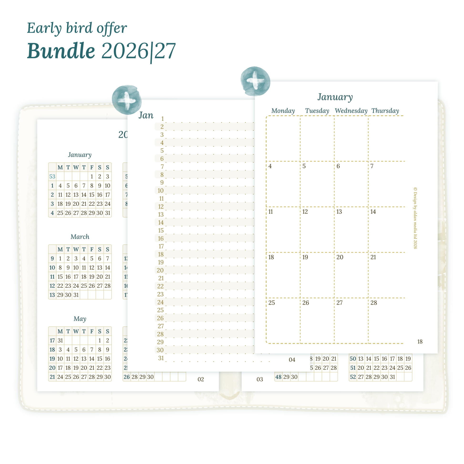 Printable PDF calendar planner Bundle for 2026 and 2027 for Pocket size 6 ring binder planner featuring 12M2P 12 month on 2 pages, M1P future log month on 1 page, M2P month on 2 pages and a Notes.