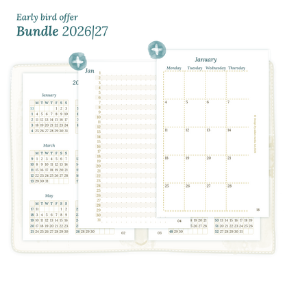 Printable PDF calendar planner Bundle for 2026 and 2027 for Pocket size 6 ring binder planner featuring 12M2P 12 month on 2 pages, M1P future log month on 1 page, M2P month on 2 pages and a Notes.