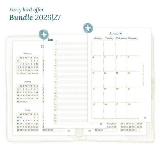 Printable PDF calendar planner Bundle for 2026 and 2027 for Pocket size 6 ring binder planner featuring 12M2P 12 month on 2 pages, M1P future log month on 1 page, M2P month on 2 pages and a Notes.