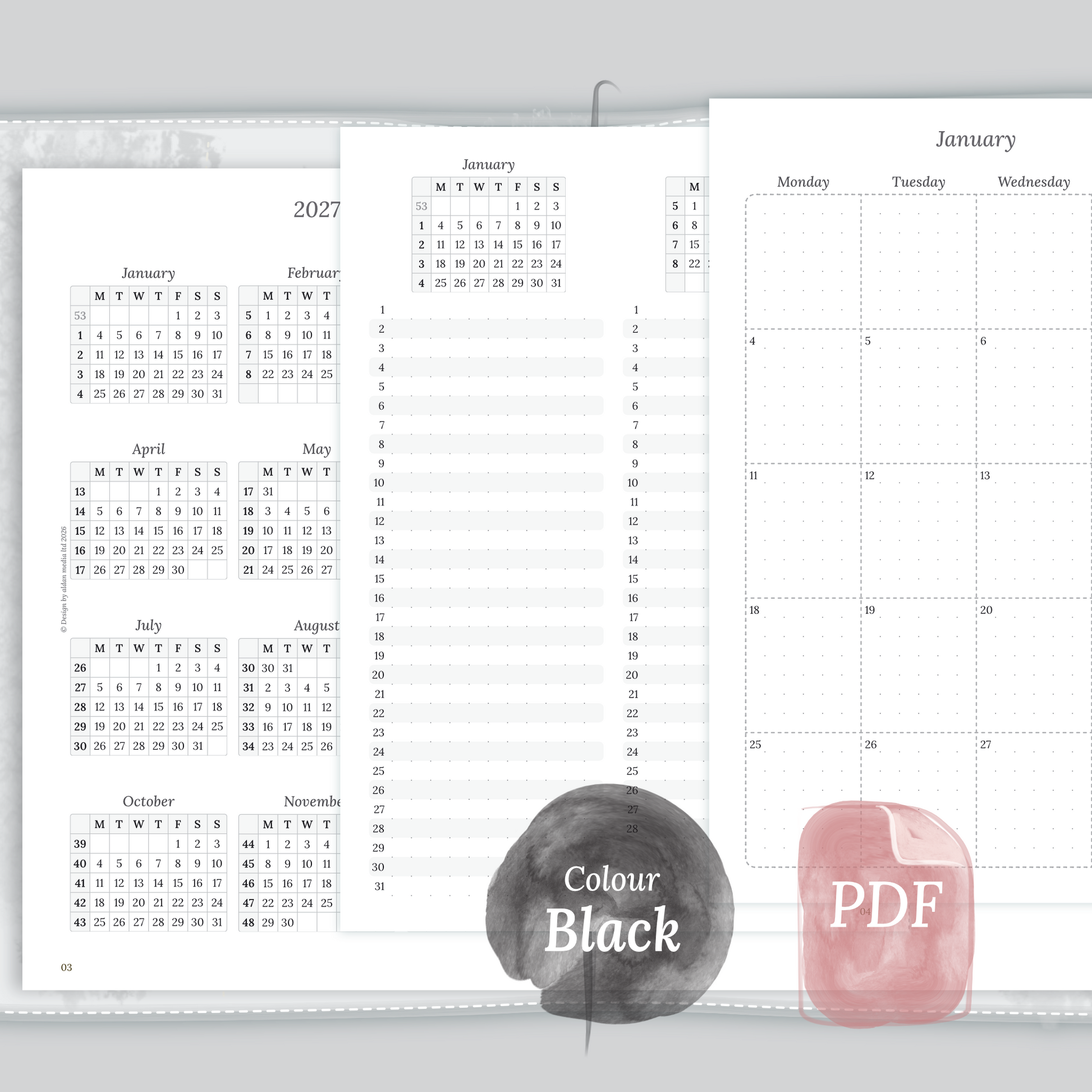 Examples featuring the different PDF printable planner inserts modules of this Bundle for 2026 and 2027 in the colour Black & White.