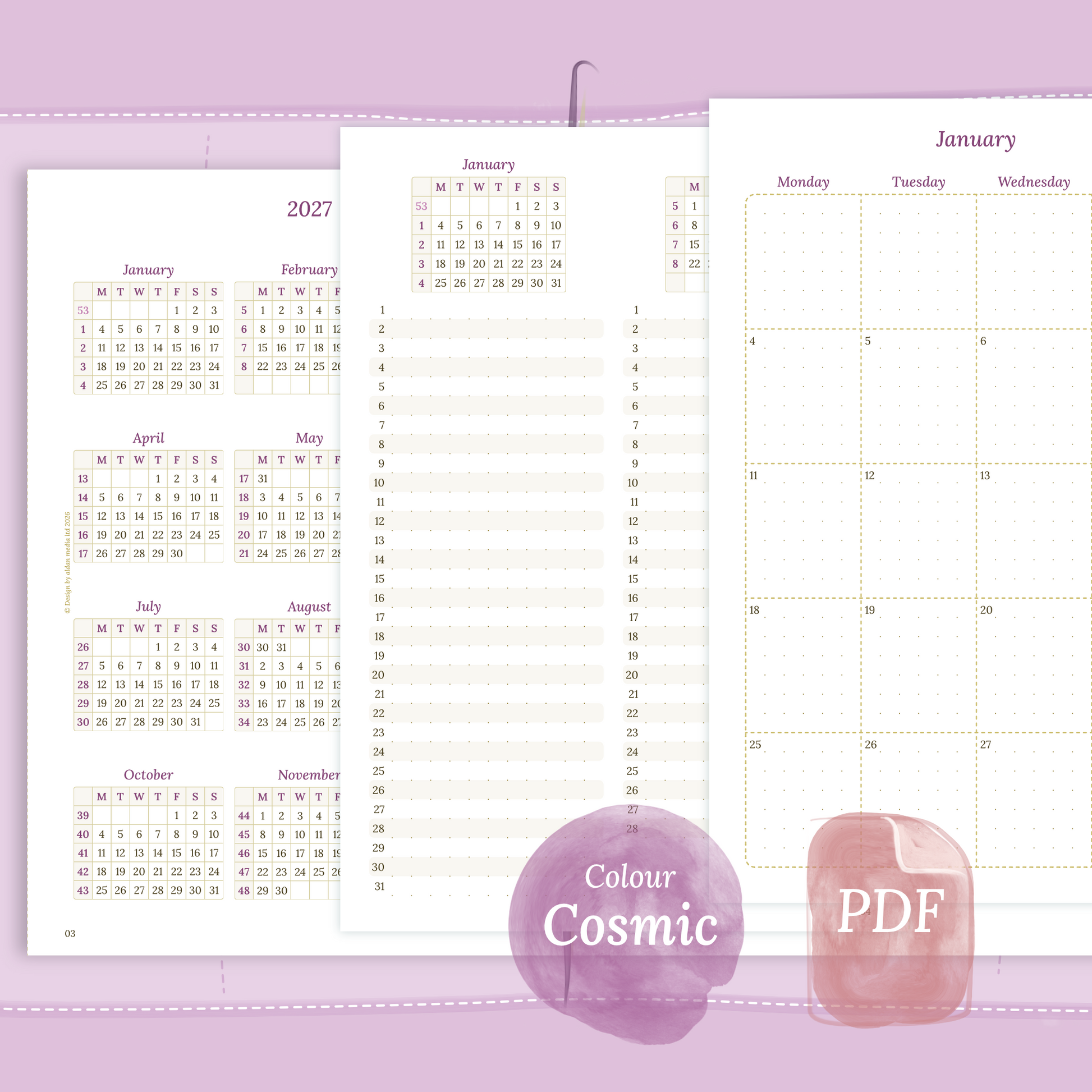 Examples featuring the different PDF printable planner inserts modules of this Bundle for 2026 and 2027 in the colour Cosmic/Raspberry.