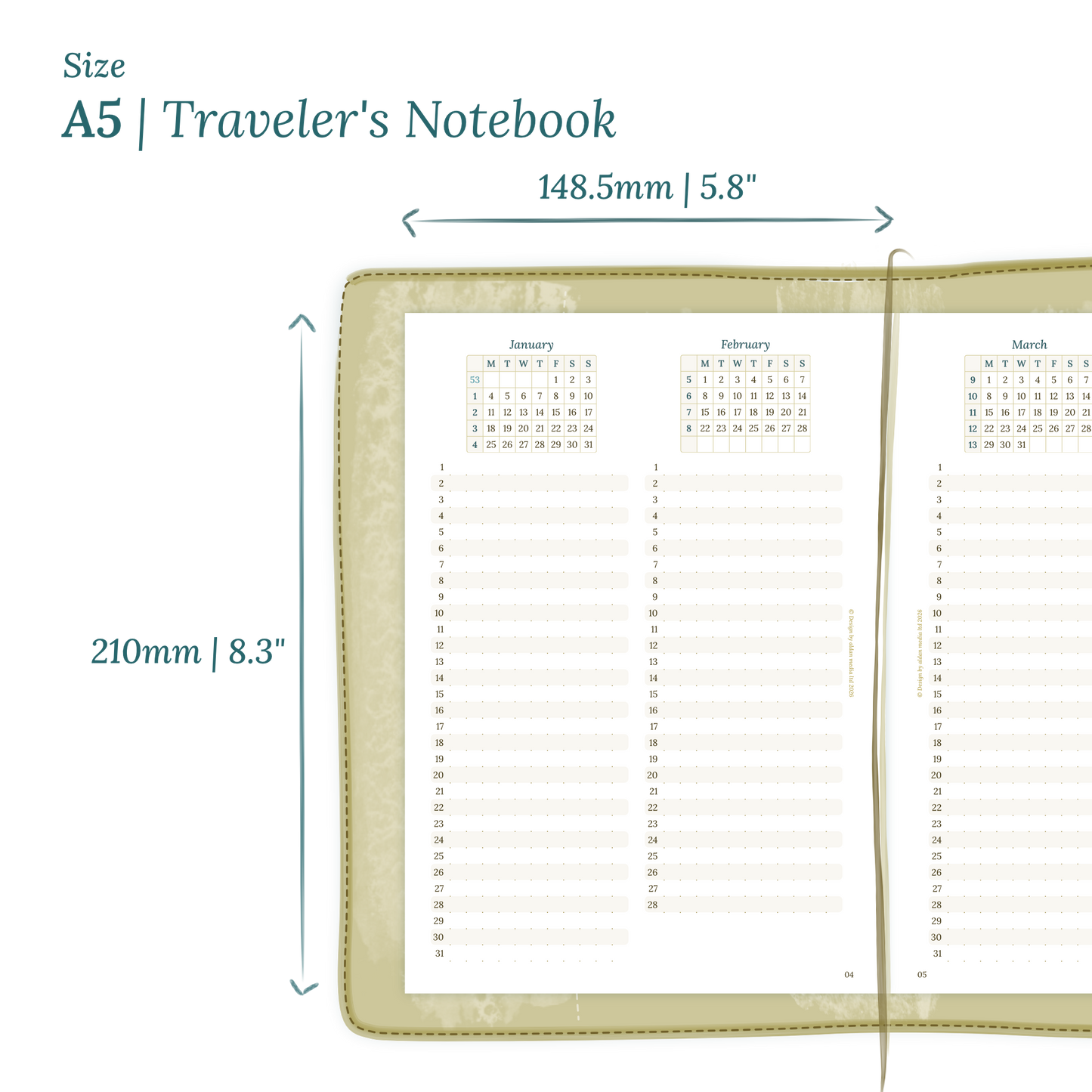 Printable PDF calendar planner insert with dimensions labeled on a white background to show the size supported which is A5 for Traveler's Notebook.
