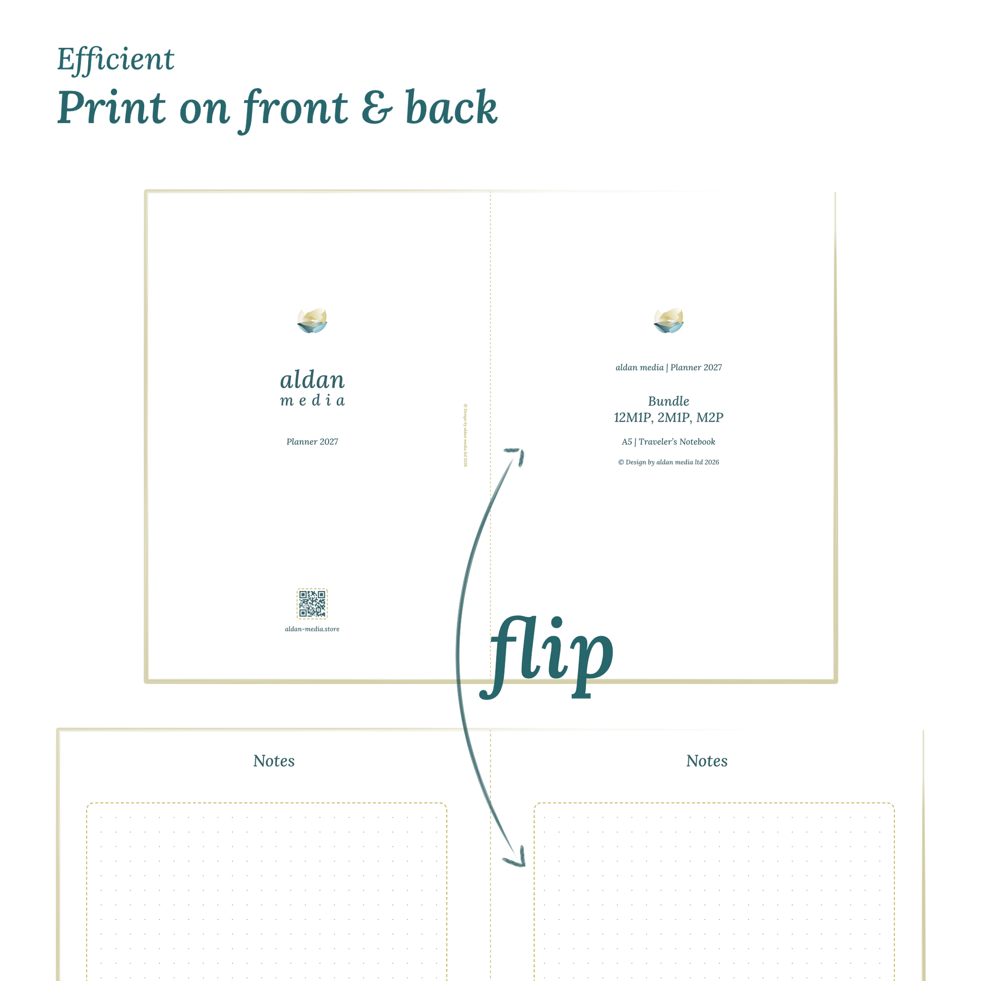 Printable PDF calendar design with a title and text indicating efficient printing on front and back of the A4 page.